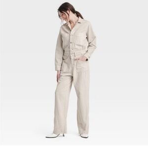 NWT Women's Denim Baggy Jumpsuit - Universal Thread Light Tan / Cream